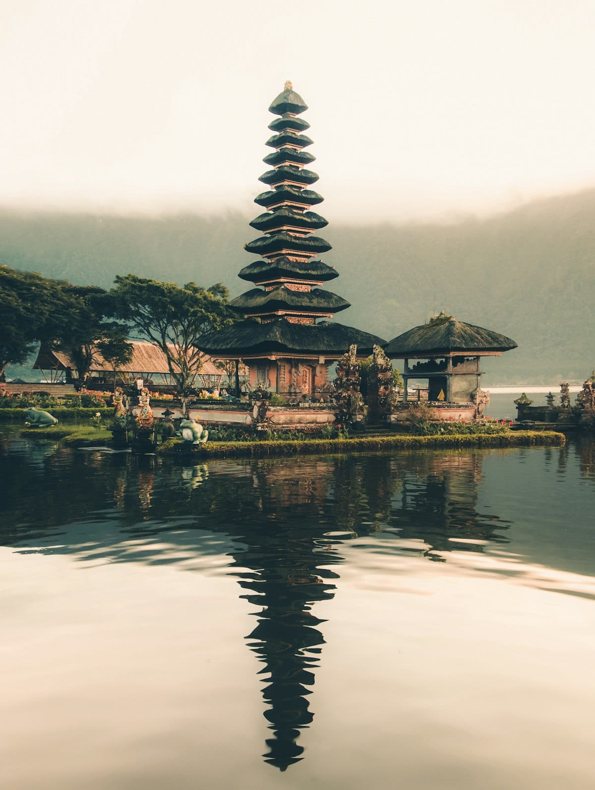 Bali temple reflected in still water