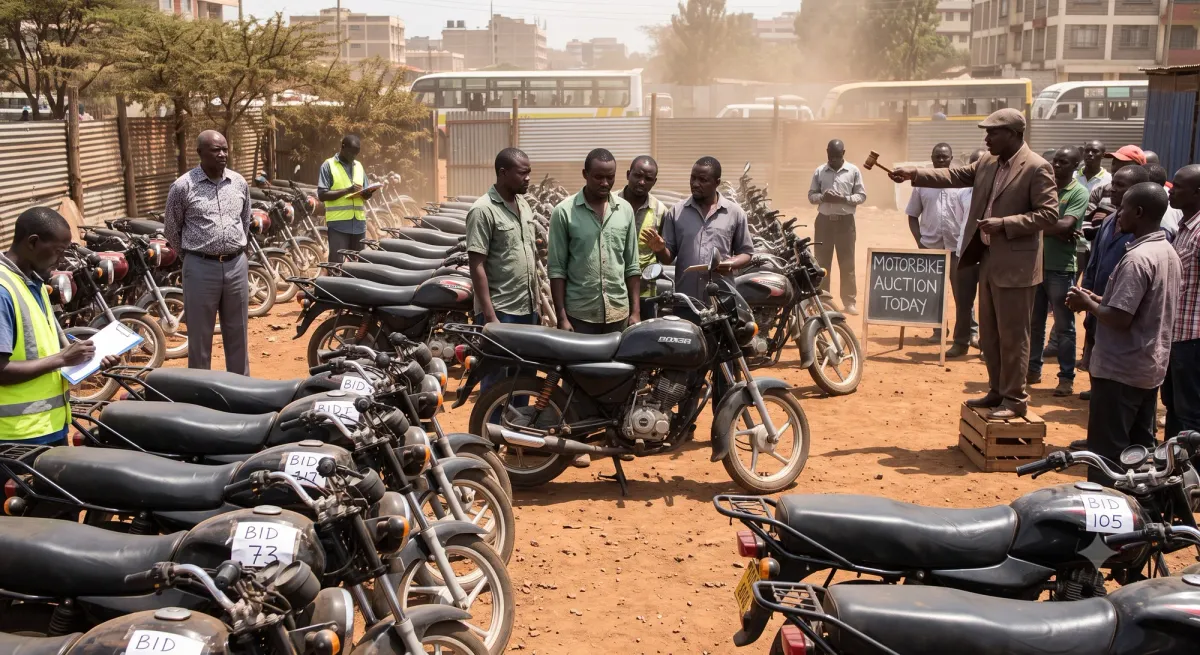 Rows of repossessed boda bodas with numbered bid stickers at a dusty open-air auction.