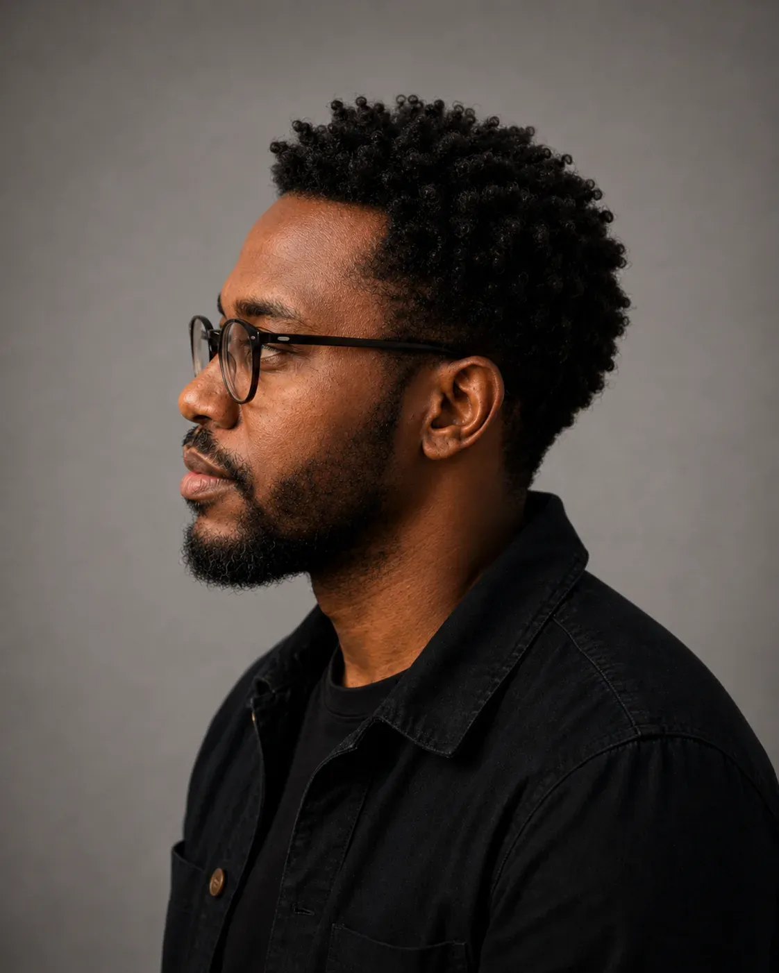 Side profile of Jaba Man in glasses and a dark jacket, against a grey studio wall.