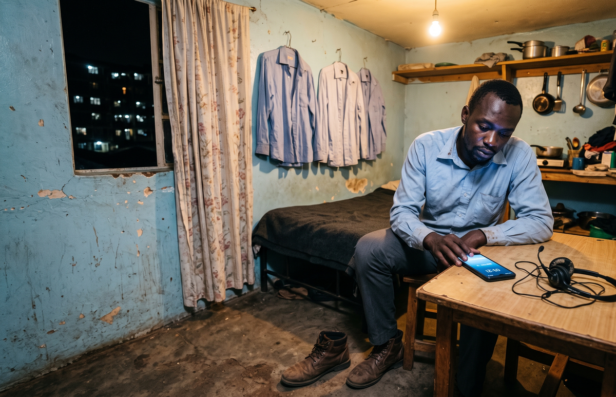 A tired Nairobi call-centre worker sits beside a cracked headset and glowing phone in a small bedsitter at night.