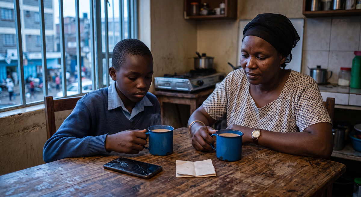 Mother and son sit at a small Eastleigh kitchen table with tea, a fee note, and a silent cracked phone.