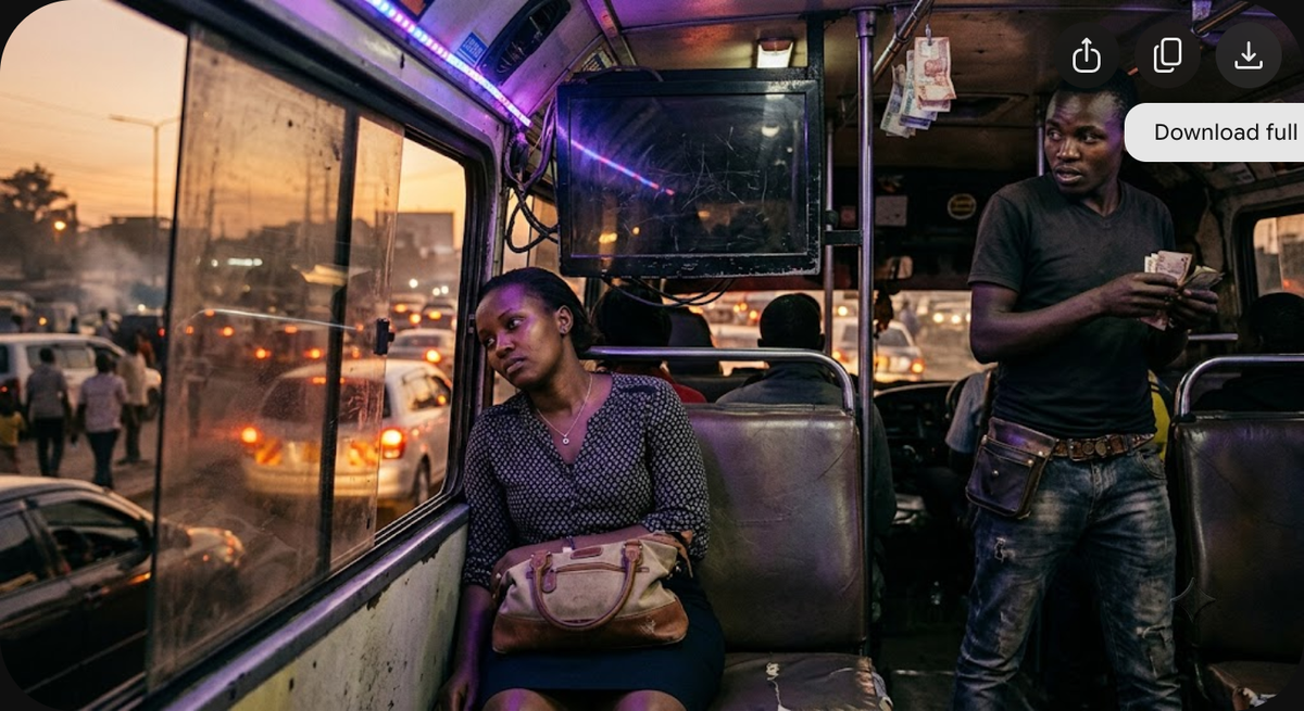 A dark screen inside a flashy Embakasi matatu reflecting passengers and evening traffic.