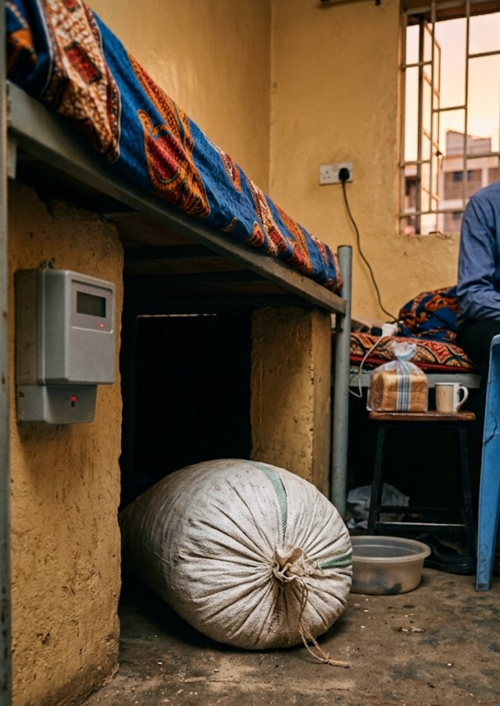 A young Nairobi tenant sits in a bedsitter with a fertilizer sack tucked under the bed beside a token meter.