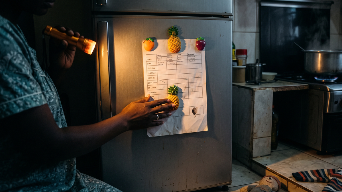 A Kasarani fridge with a co-parenting timetable held by fruit magnets, one lowered to toddler height.